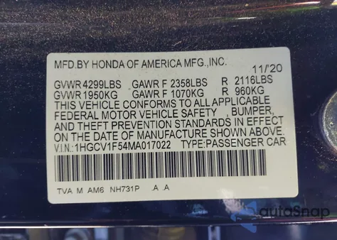 2021 Honda Accord Ex-L from USA, damaged, VIN 1HGCV1F54MA017022